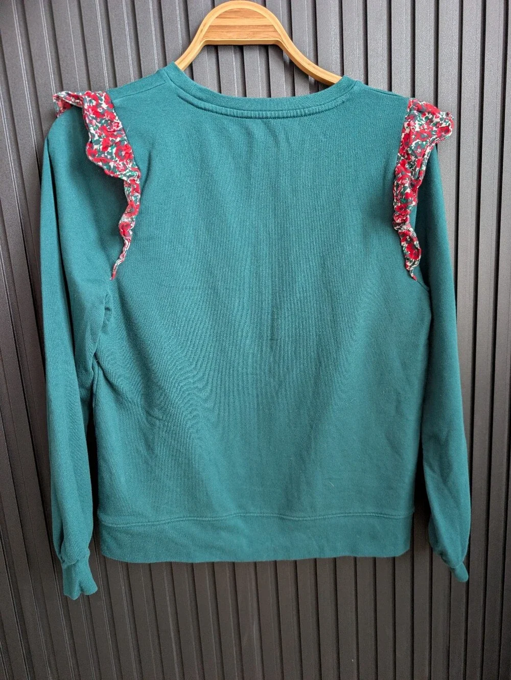 J. Crew Women's Ruffle Shoulder Sweatshirt in the color Academic Green - Picture 5 of 9